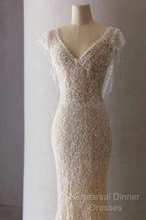 Unique Sheath V Neckline Cap Sleeves Lace Ivory Wedding Dresses